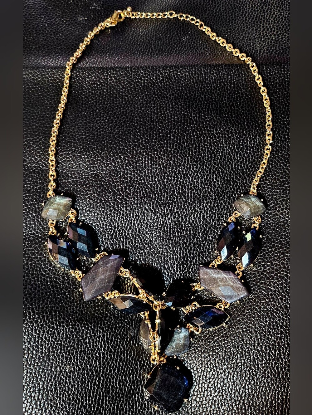 12" Drop Charming Charlie Gold Chain Necklace with Dark Blue Faceted Stones